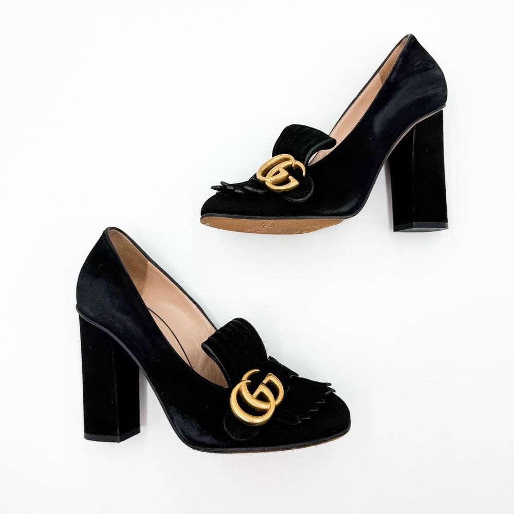 Gucci GG Marmont Fringe Black Loafer Block Heel Pumps EU 37 US 7 - Picture 10 of 16